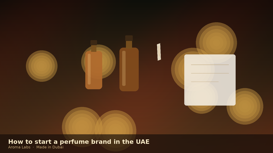 Notebook and amber fragrance oil bottles for starting a perfume brand in the UAE