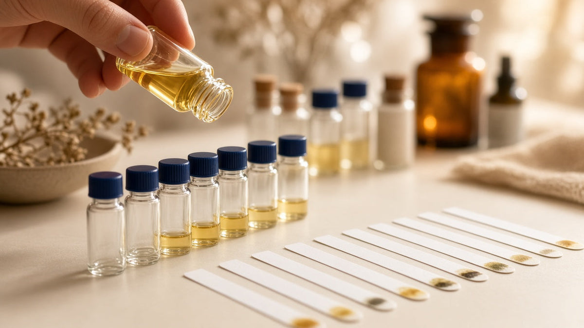 Sample vials and scent blotters for fragrance testing