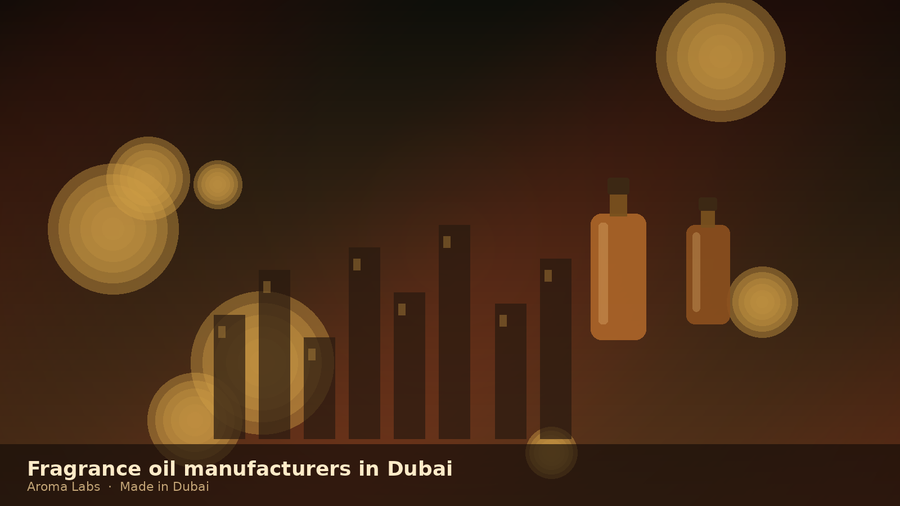 Dubai skyline silhouette with amber fragrance oil bottles