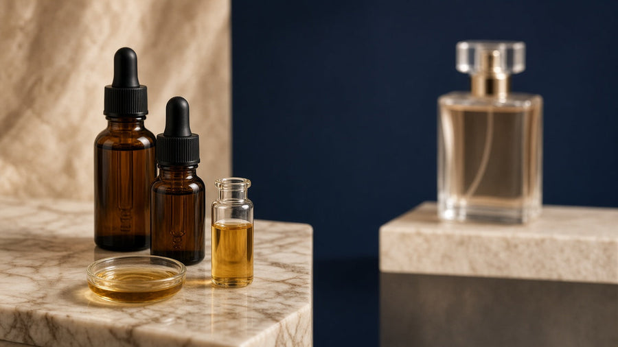 Amber fragrance oil bottles beside a perfume bottle