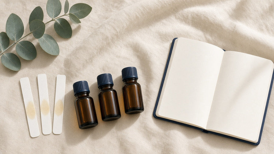 Amber oil bottles, scent blotters, and a notebook