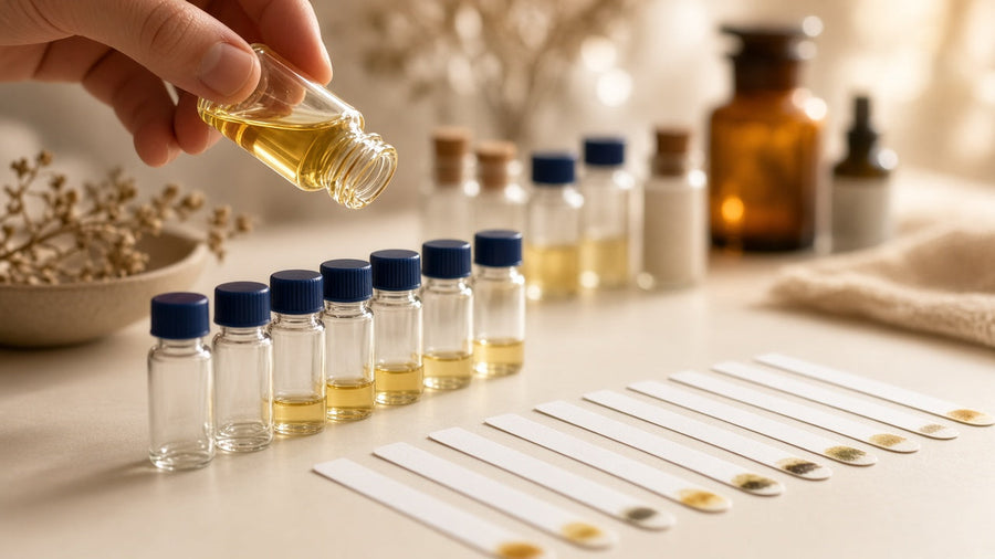 Sample vials and scent blotters for fragrance testing