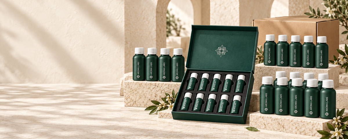 Aroma Labs discovery set and fragrance oil combo bottles on ivory stone