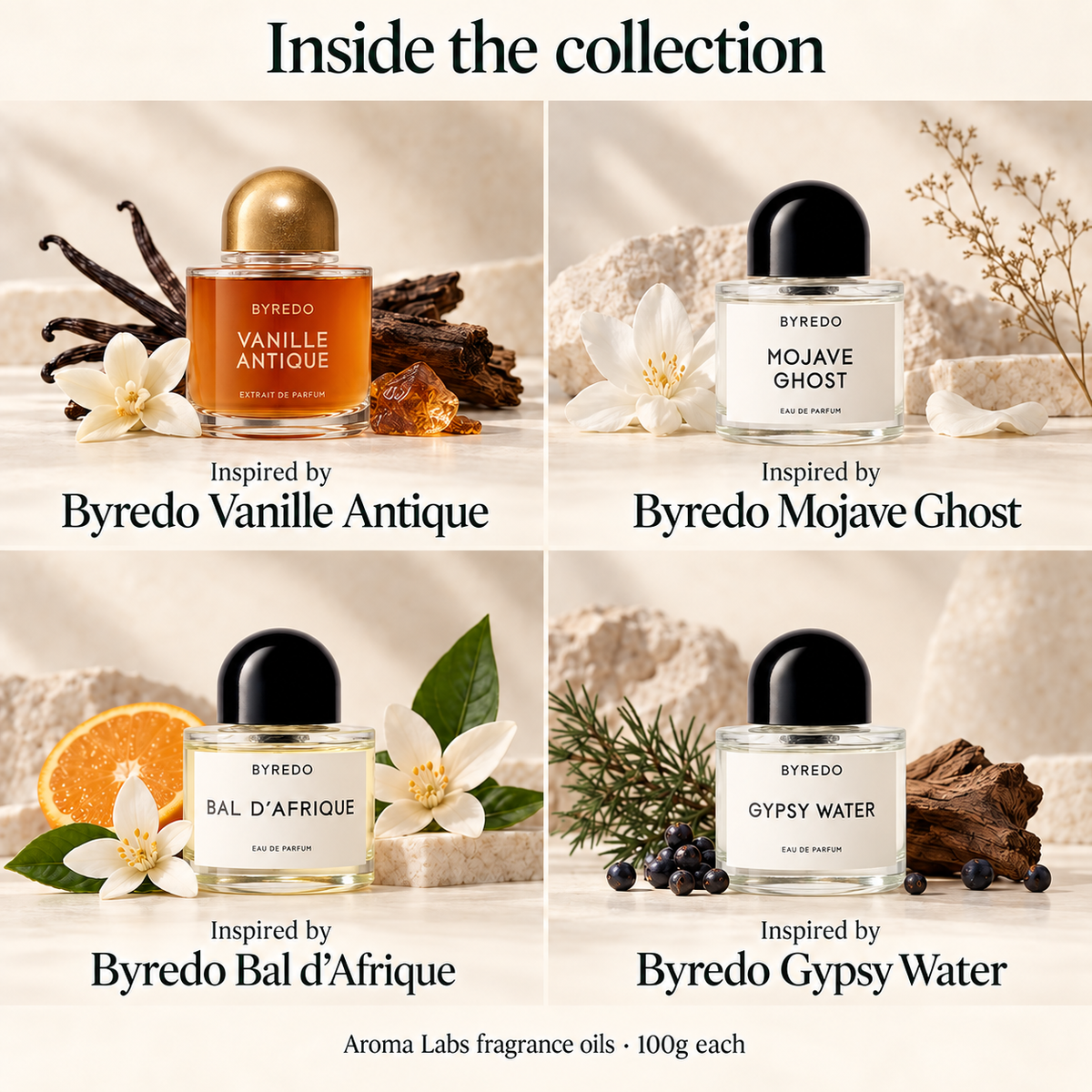 Byredo inspired collection contents; Aroma Labs 100g fragrance oils