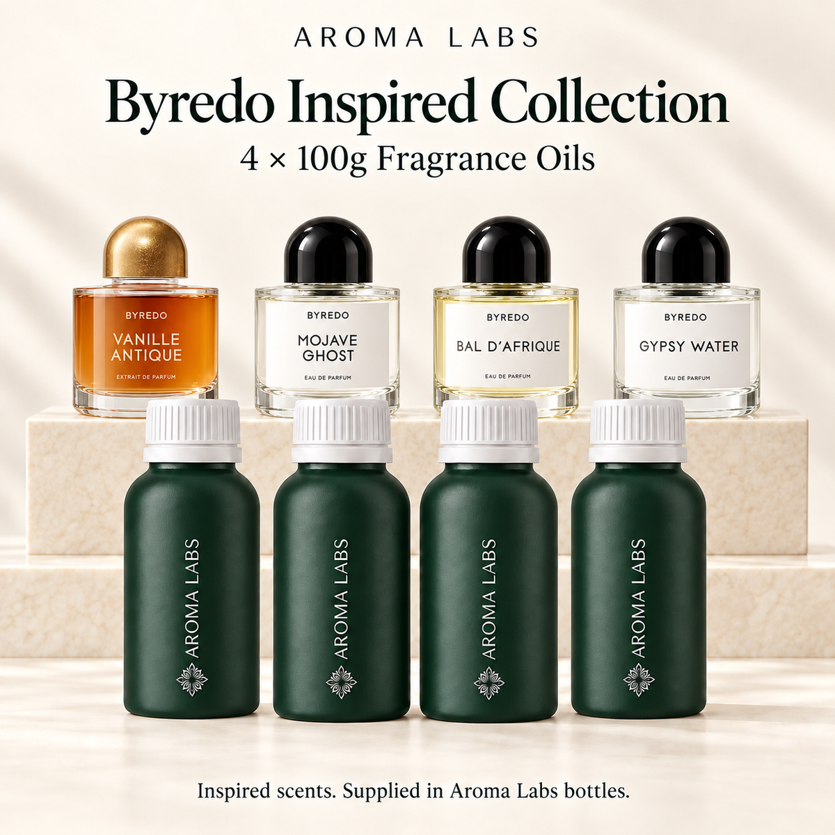 Byredo inspired collection hero; Aroma Labs 100g fragrance oils