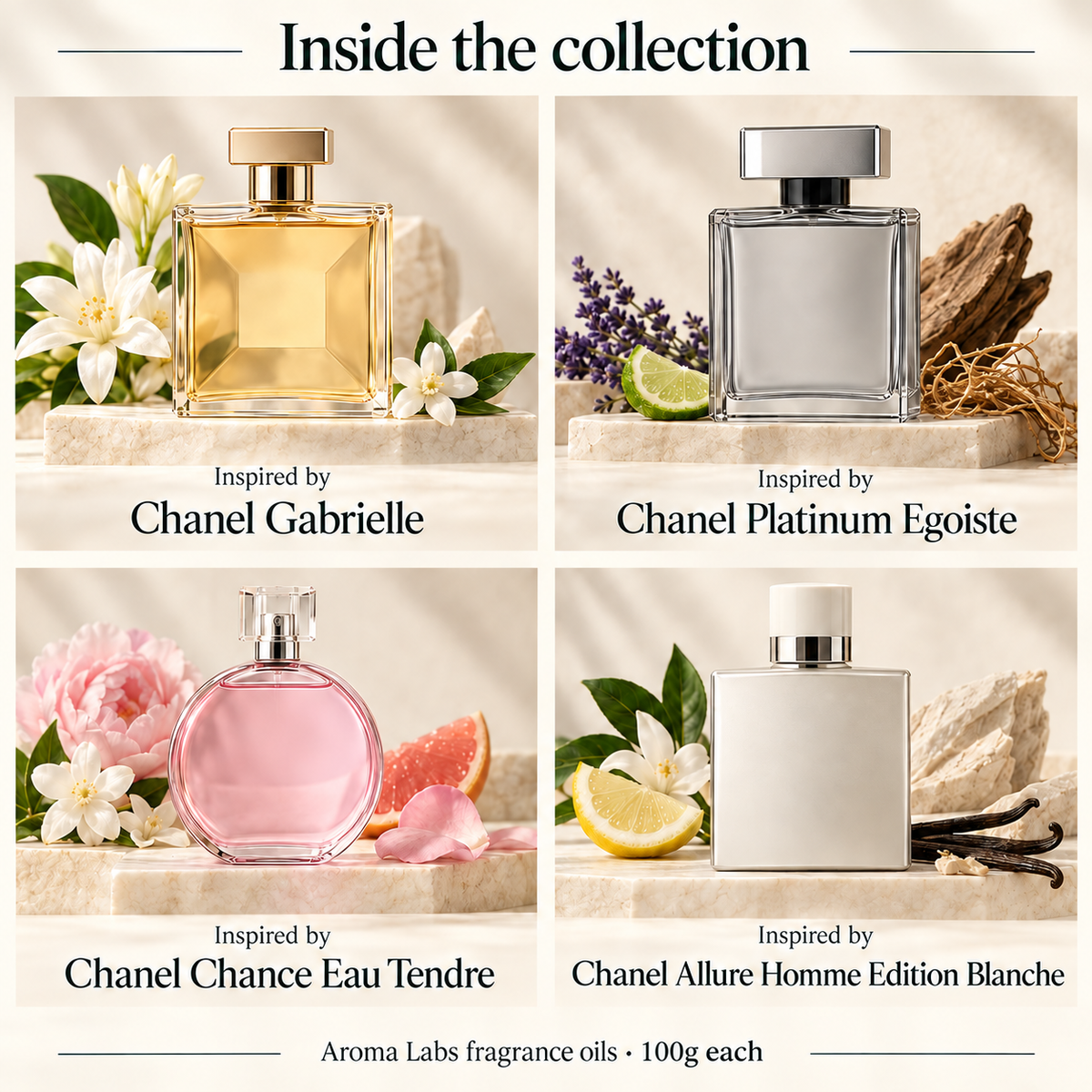 Chanel Inspired Collection — contents-2, Aroma Labs 100g fragrance oils