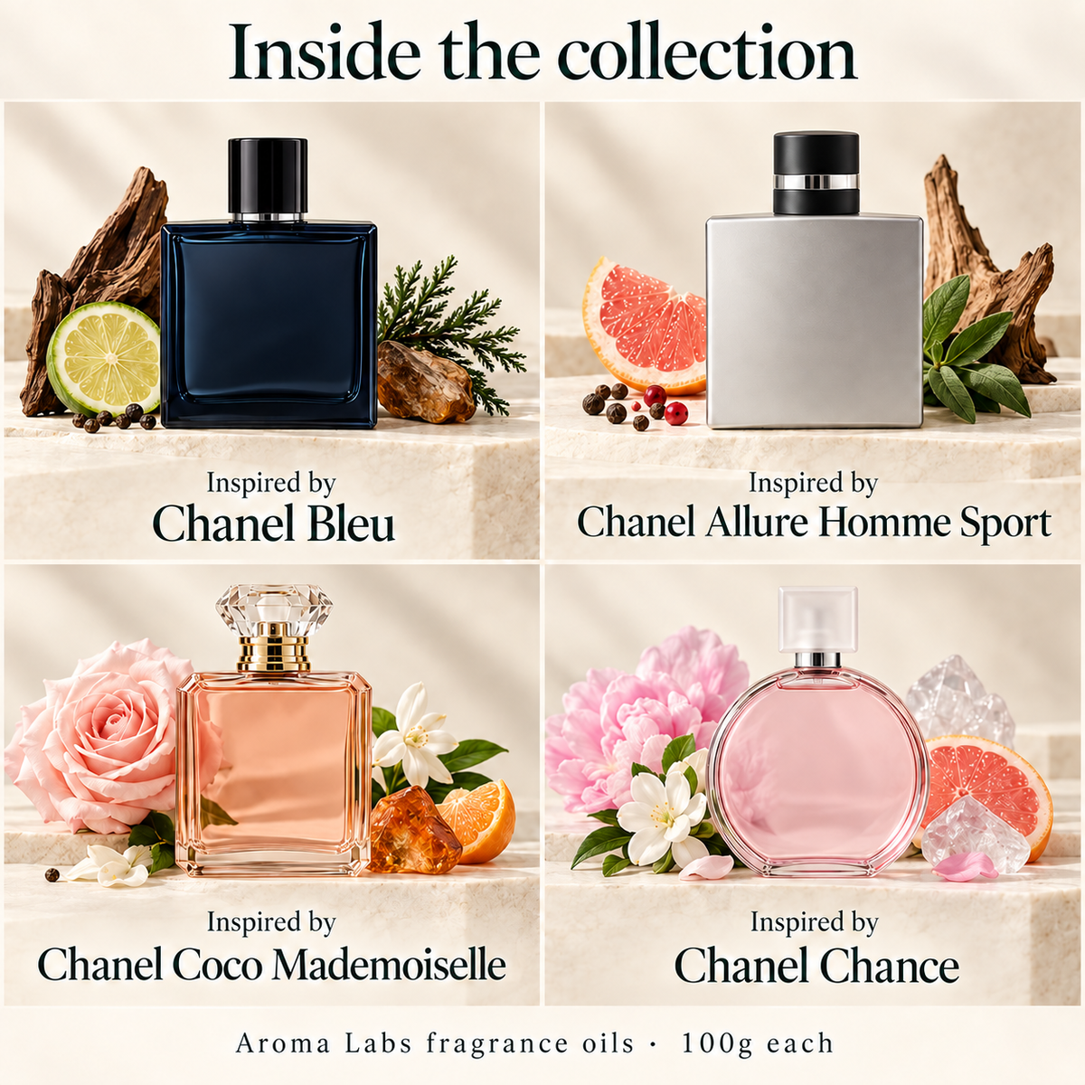 Chanel Inspired Collection — contents, Aroma Labs 100g fragrance oils