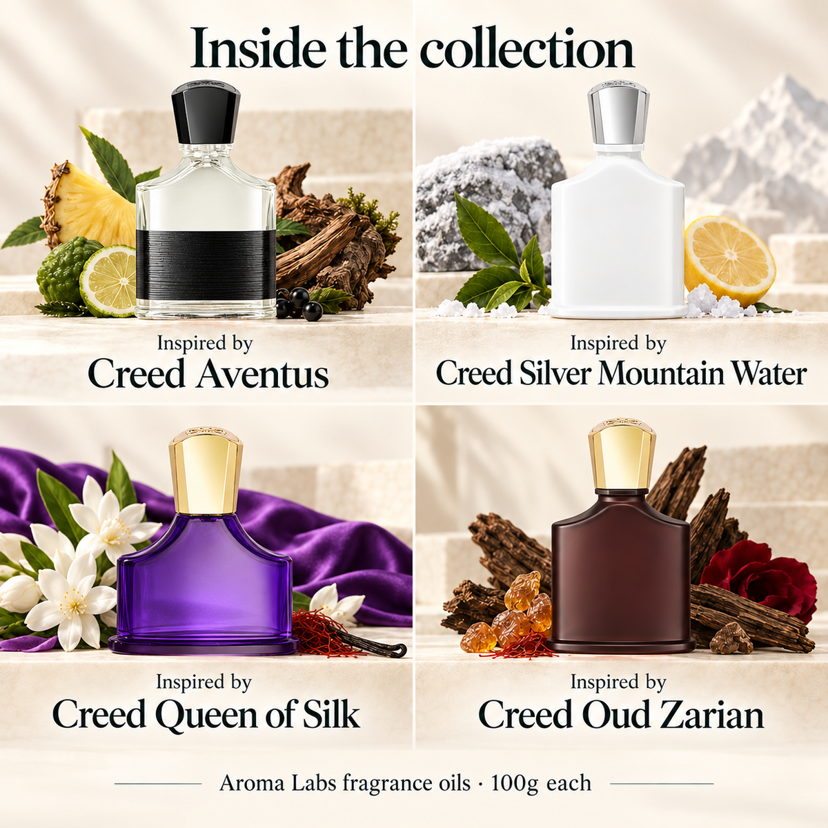 Creed inspired collection: Aventus, Silver Mountain Water, Queen of Silk and Oud Zarian; 100g Aroma Labs oil per bottle