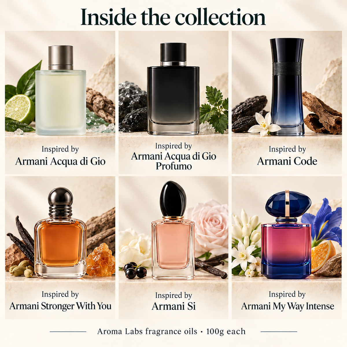 Giorgio Armani Inspired Collection — contents, Aroma Labs 100g fragrance oils