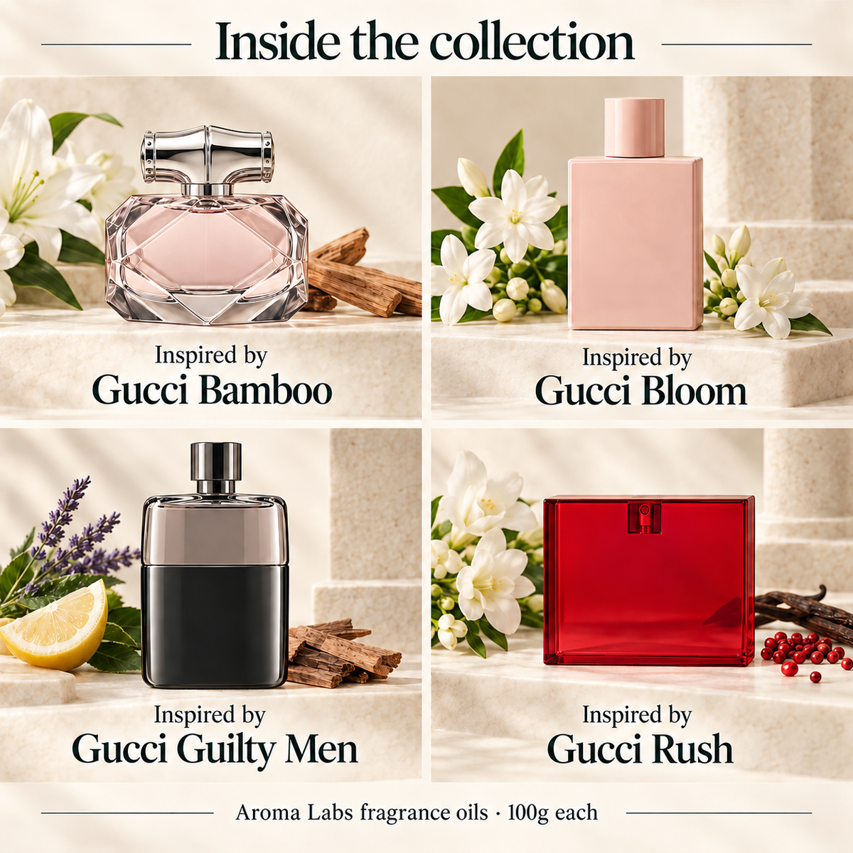 Gucci Inspired Collection — contents, Aroma Labs 100g fragrance oils