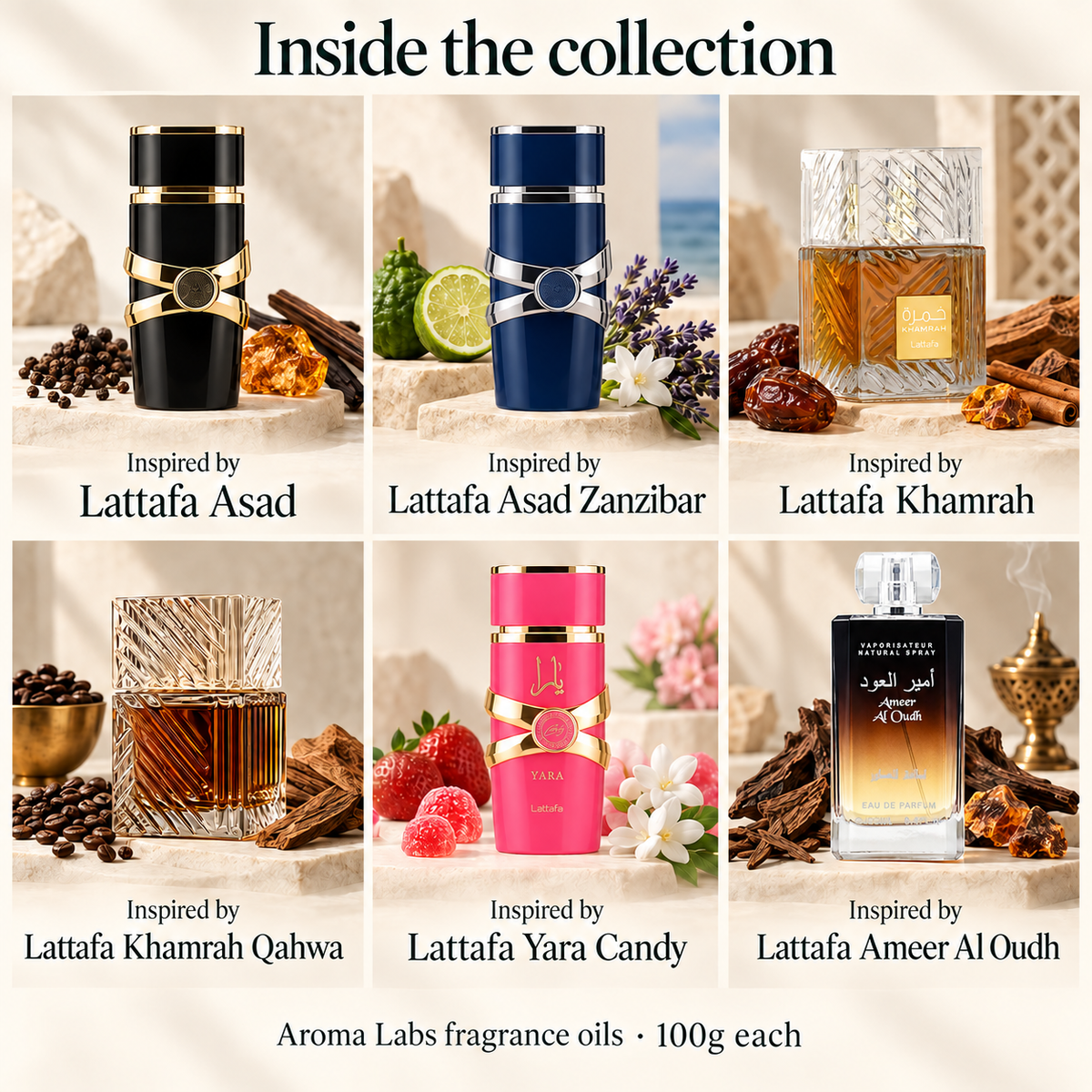 Lattafa Inspired Collection — contents, Aroma Labs 100g fragrance oils
