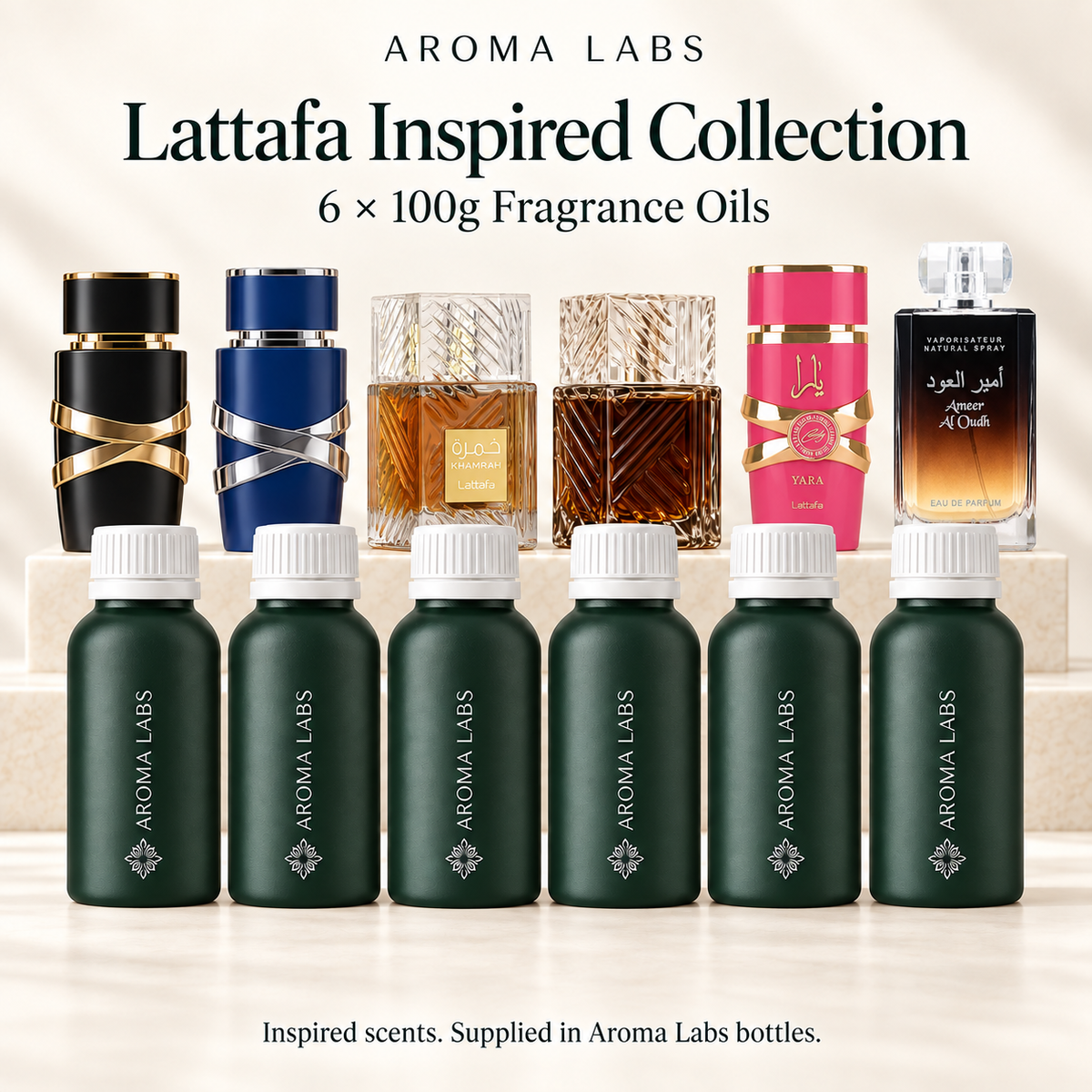 Lattafa Inspired Collection — hero, Aroma Labs 100g fragrance oils