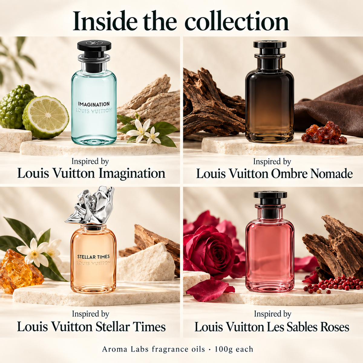Louis Vuitton Inspired Collection — contents, Aroma Labs 100g fragrance oils