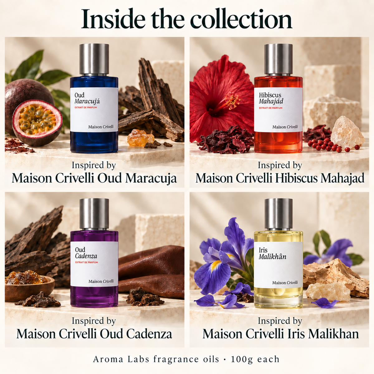 Maison Crivelli inspired collection contents; 4 x 100g Aroma Labs fragrance oils