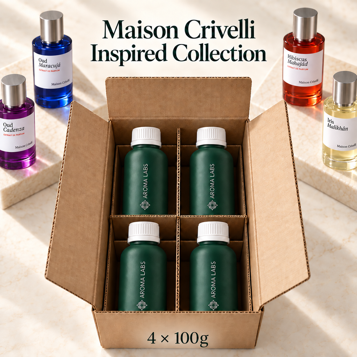 Maison Crivelli inspired collection shipping; 4 x 100g Aroma Labs fragrance oils