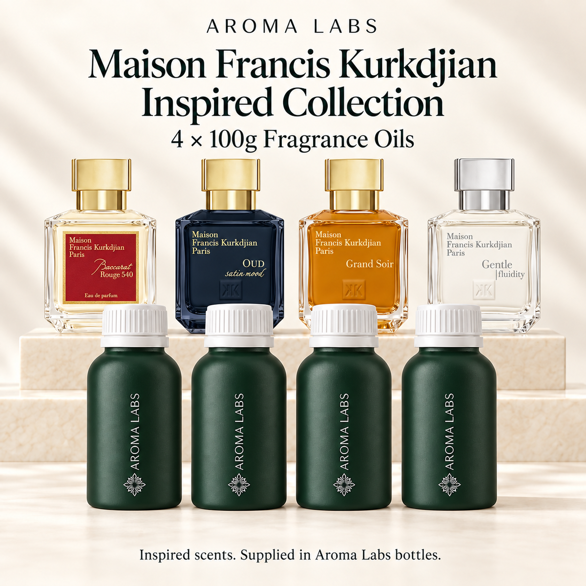 maison-francis-kurkdjian-inspired-collection — hero, corrected designer references, 100g fragrance oils