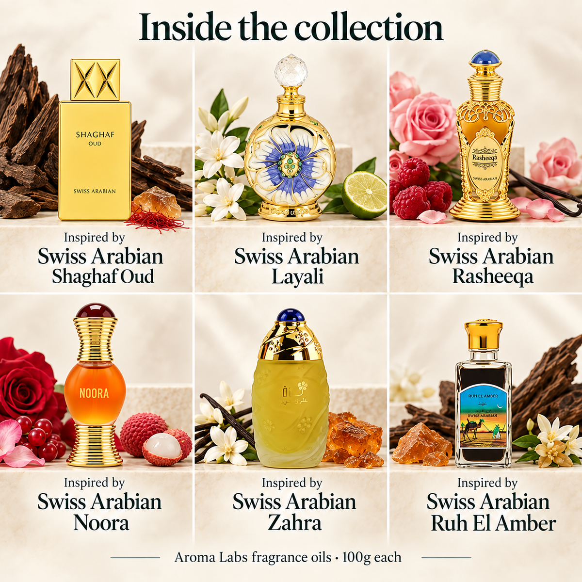 Swiss Arabian Inspired Collection — contents, accurate inspiration bottles; Aroma Labs 100g oils