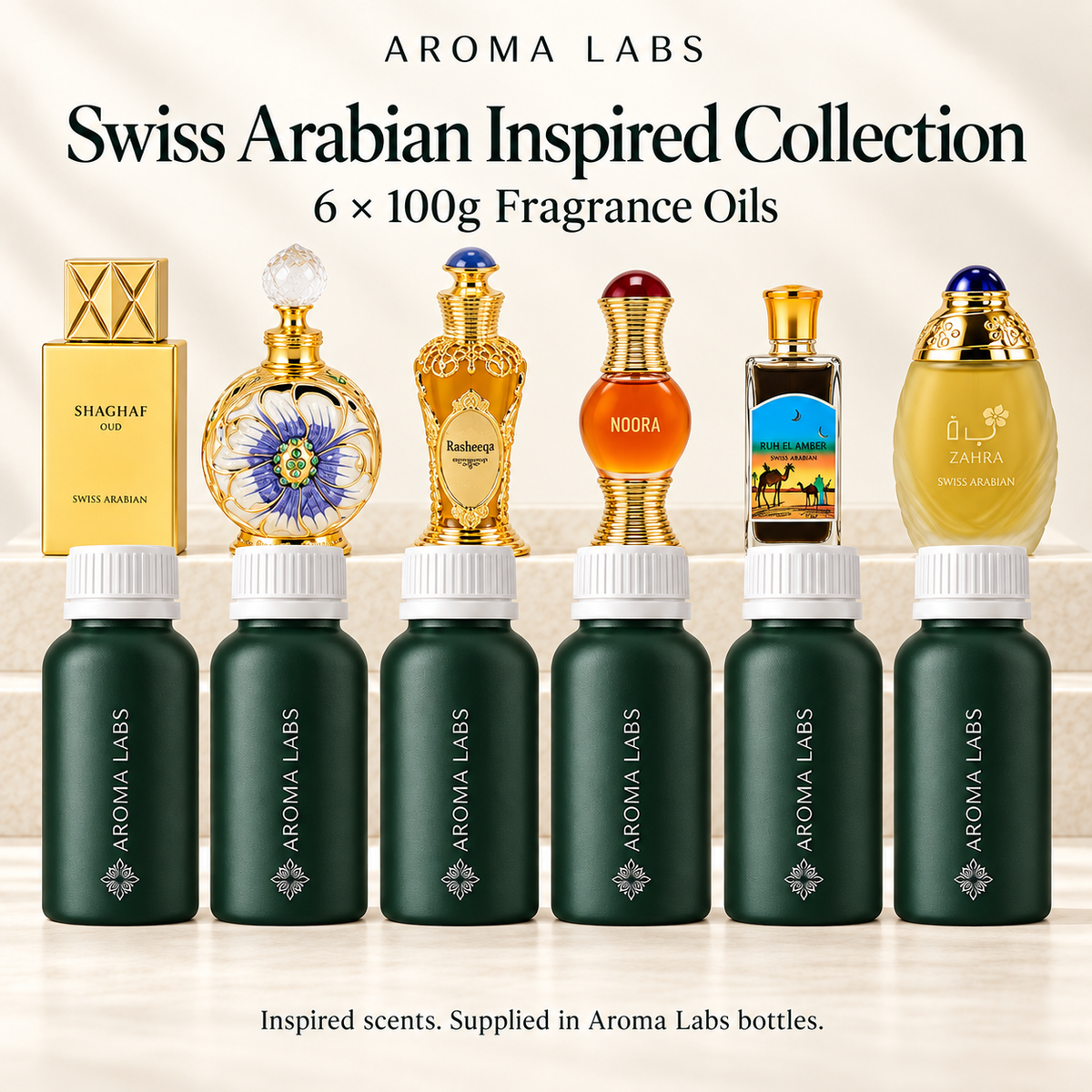 Swiss Arabian Inspired Collection — hero, accurate inspiration bottles; Aroma Labs 100g oils