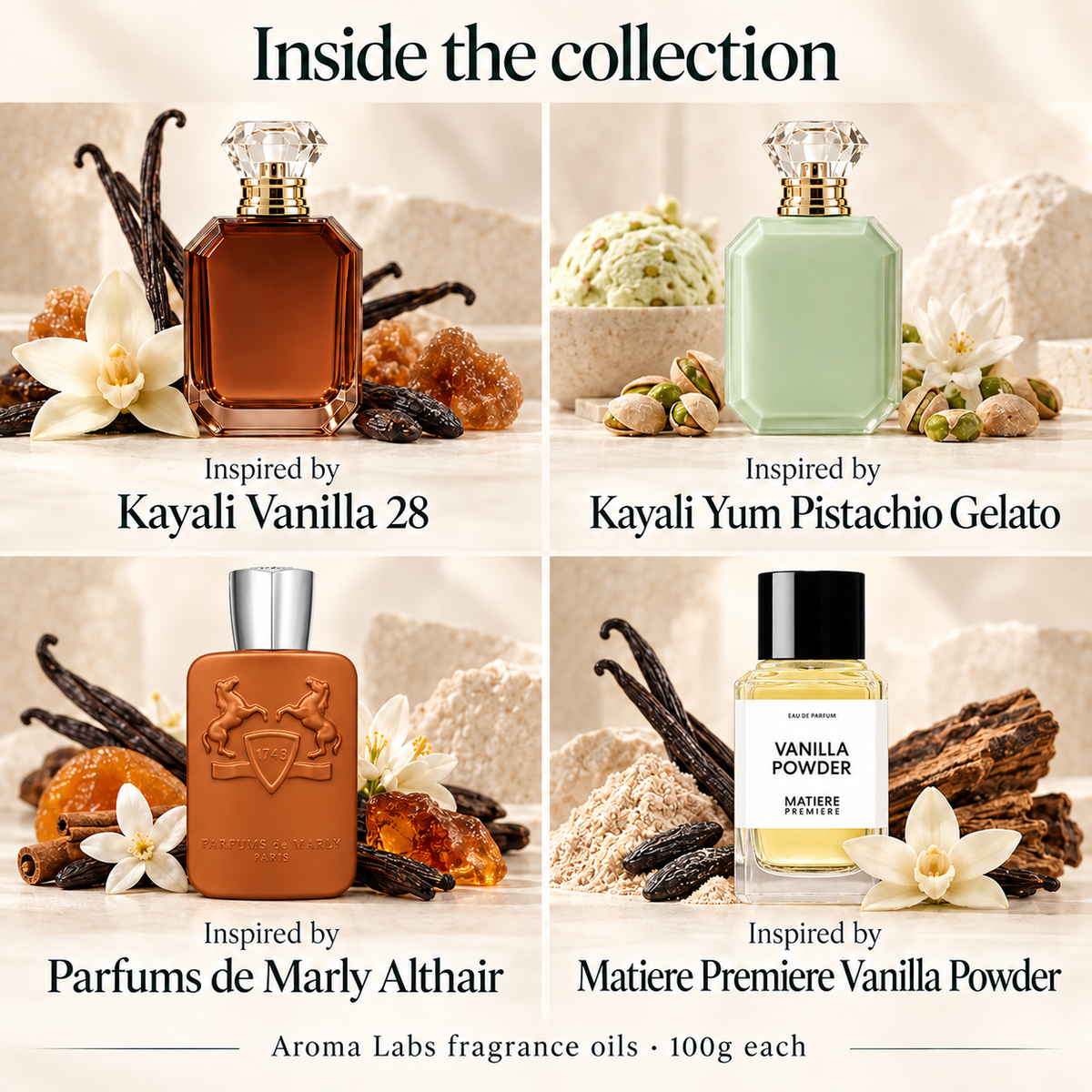 vanilla-gourmand-collection — contents, corrected designer references, 100g fragrance oils