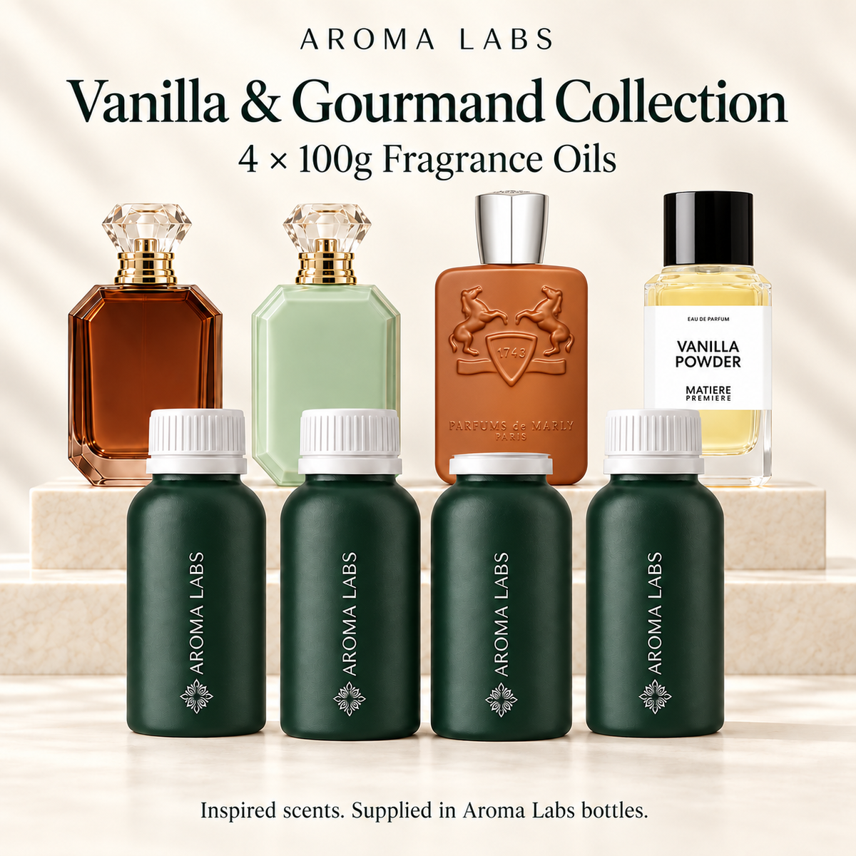 vanilla-gourmand-collection — hero, corrected designer references, 100g fragrance oils