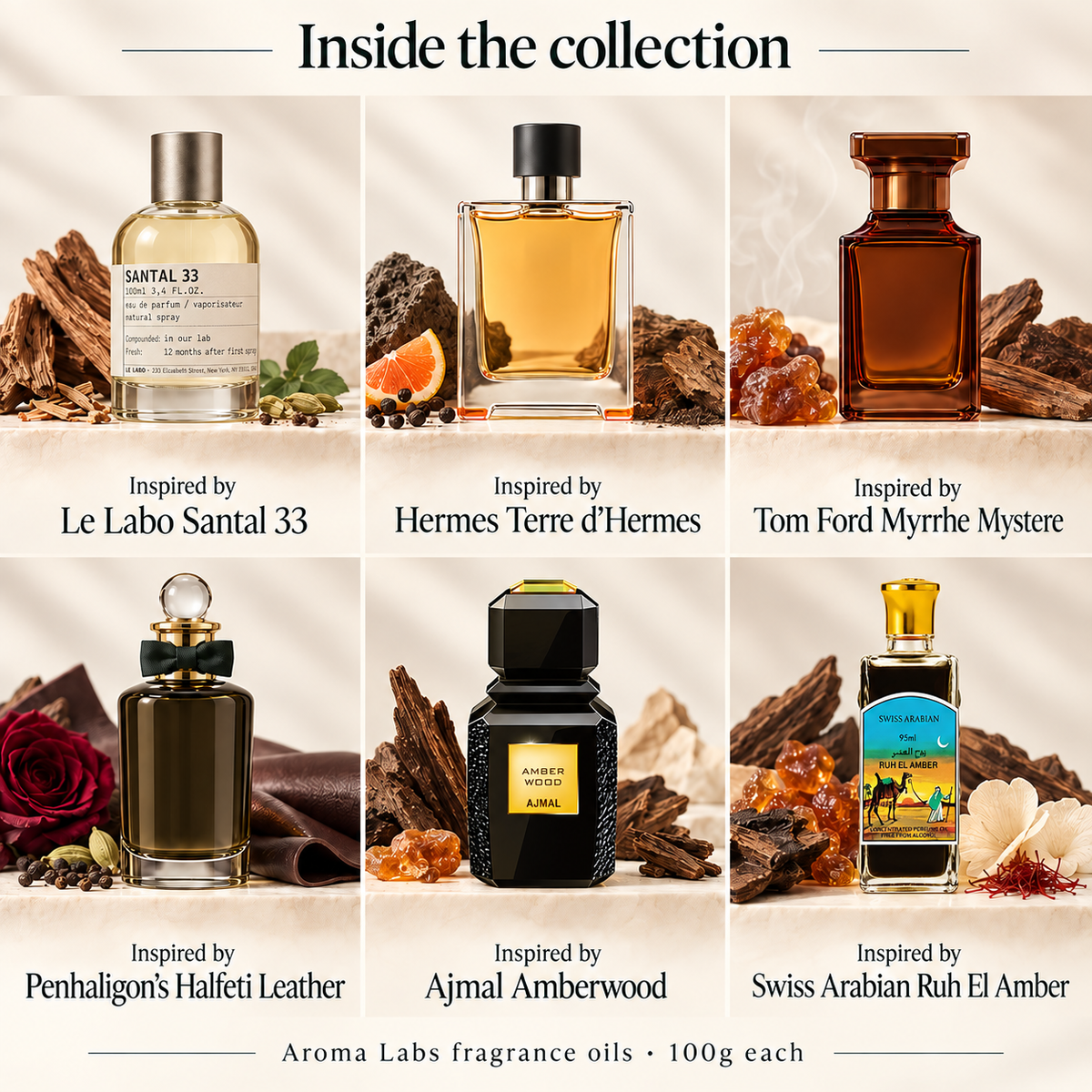 Woods & Amber Collection — contents, Aroma Labs 100g fragrance oils