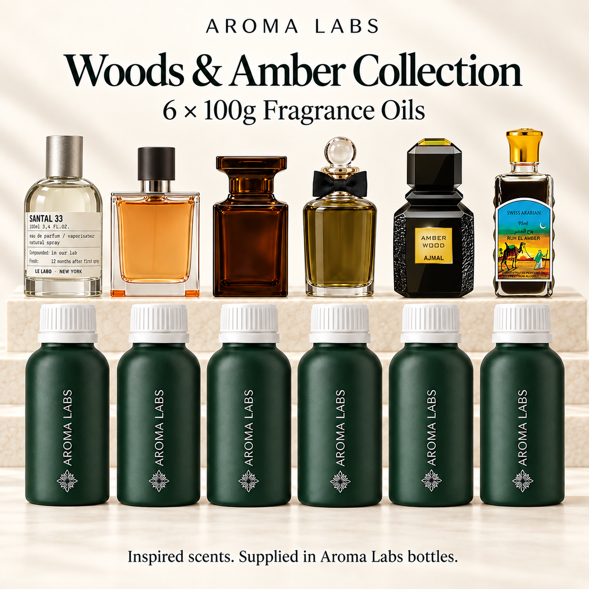 Woods & Amber Collection — hero, Aroma Labs 100g fragrance oils